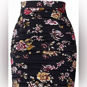 VFSHOW Womens Black Floral Print Ruched High Waist Casual Midi Skirt, Bodycon